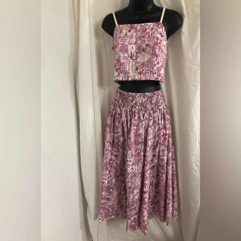 Joie 2pc pink white multi nautical strap crop top & smocked skirt set size Small